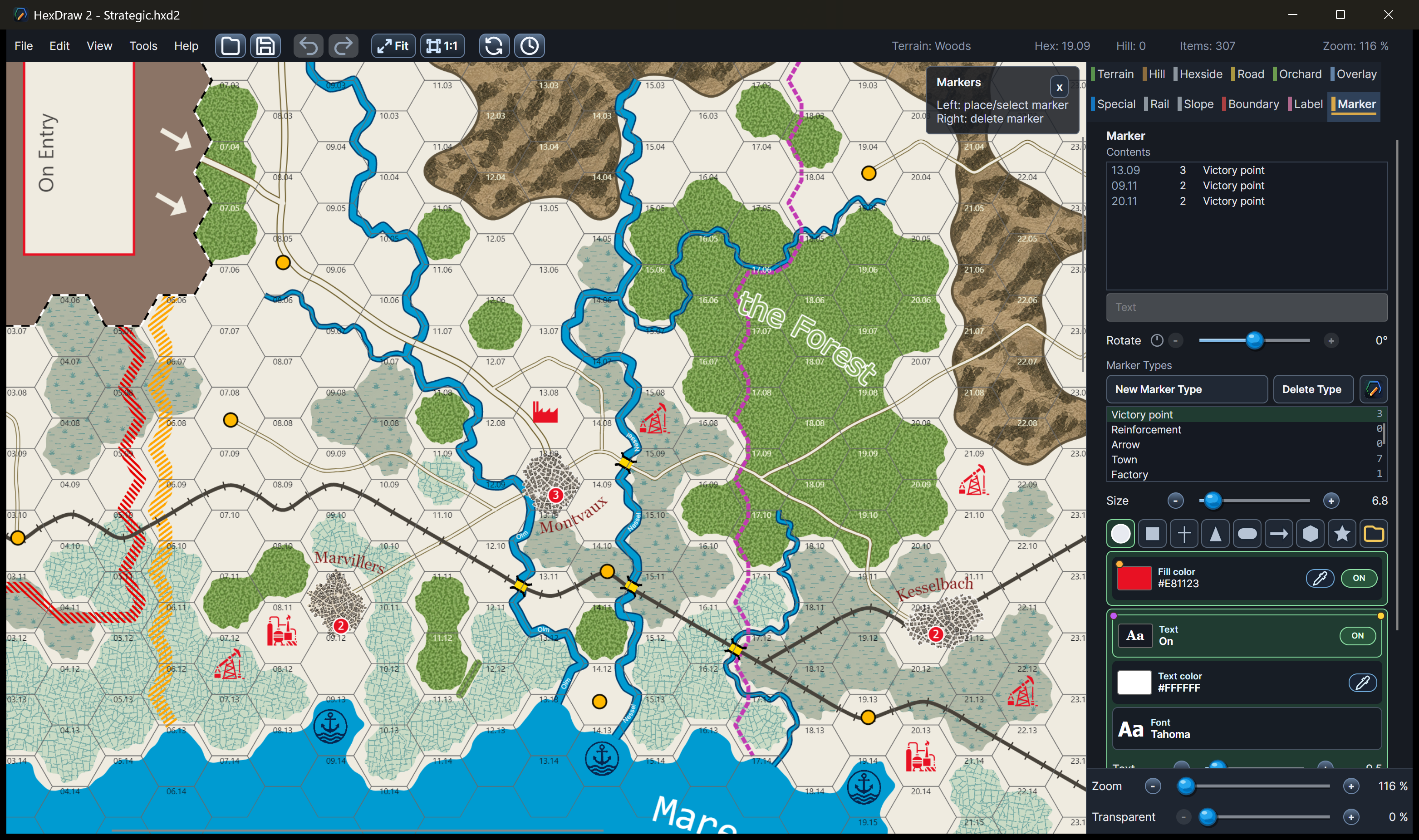 Strategic HexDraw 2 map with curved labels, custom markers, railways, rivers, and an offboard entry area