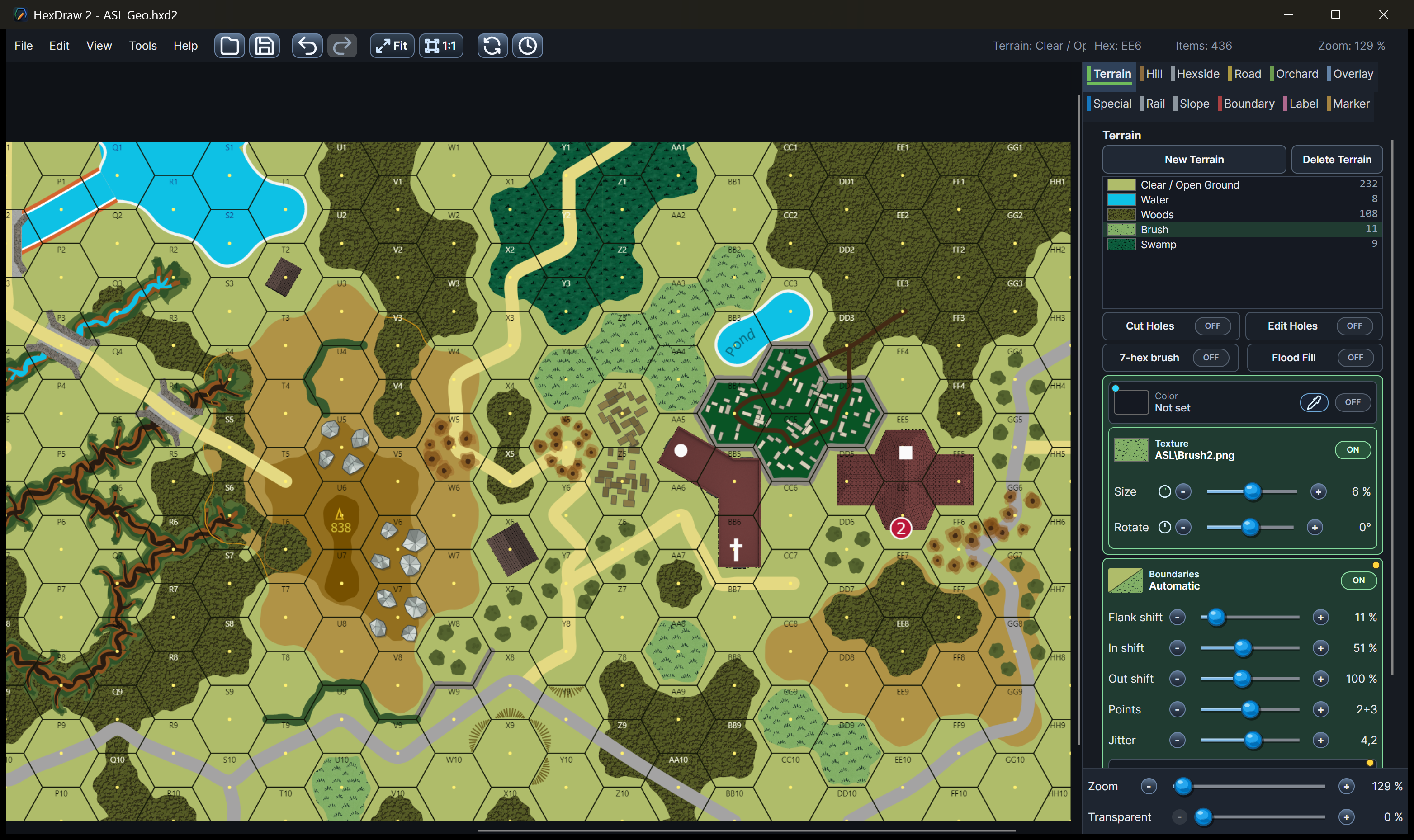 HexDraw 2 editor with a hex map, terrain tools, roads, water, buildings, and coordinates