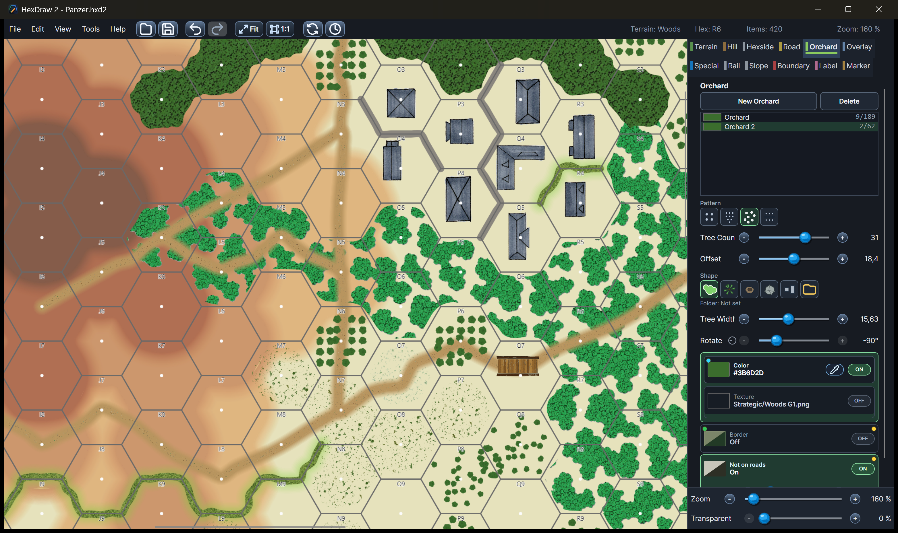 HexDraw 2 map showing hills, soft elevation edges, woods, and editable terrain