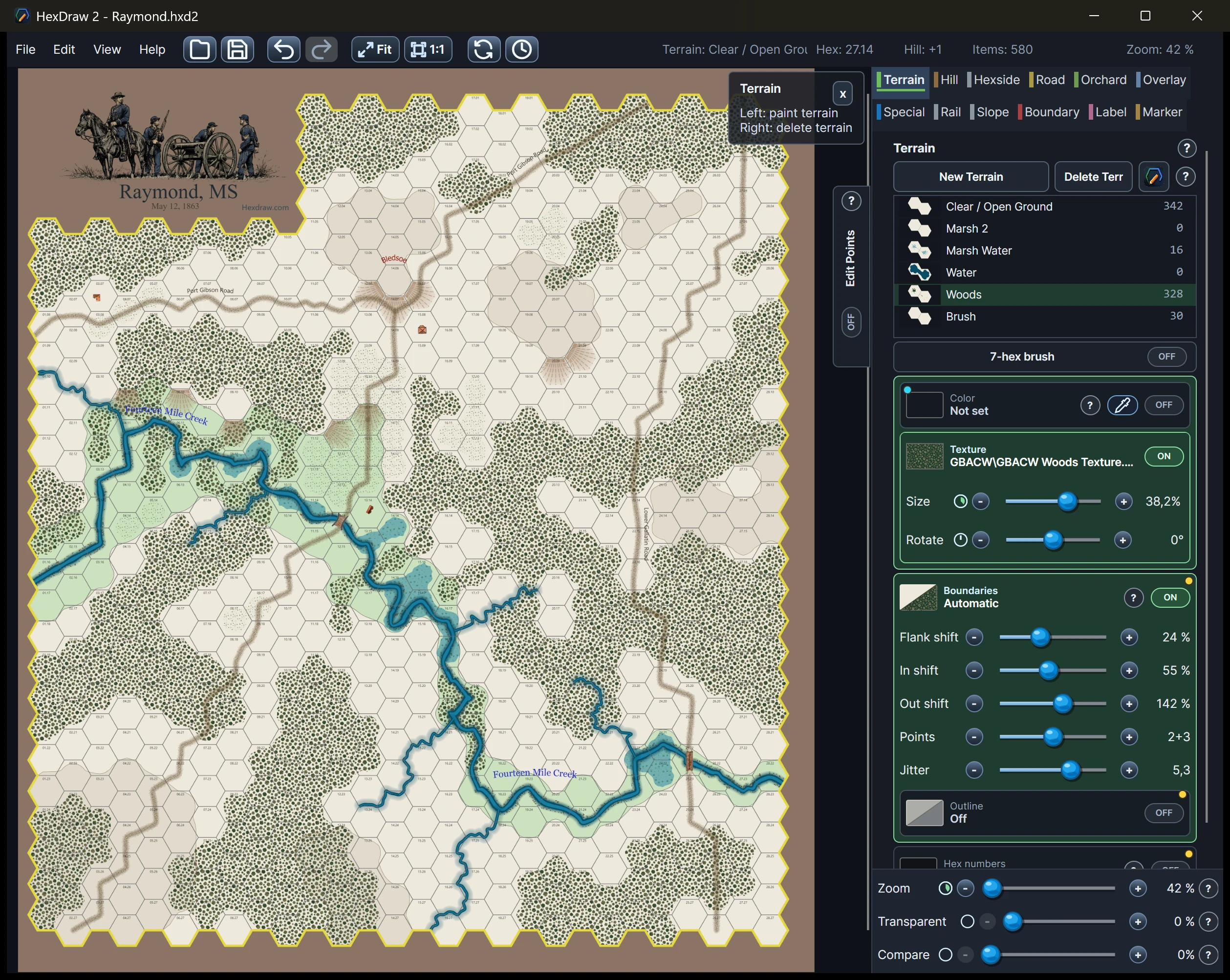 HexDraw 2 showing a complete custom map of the Raymond, Mississippi battlefield with woods, roads, creeks, elevation, labels, and numbered hexes