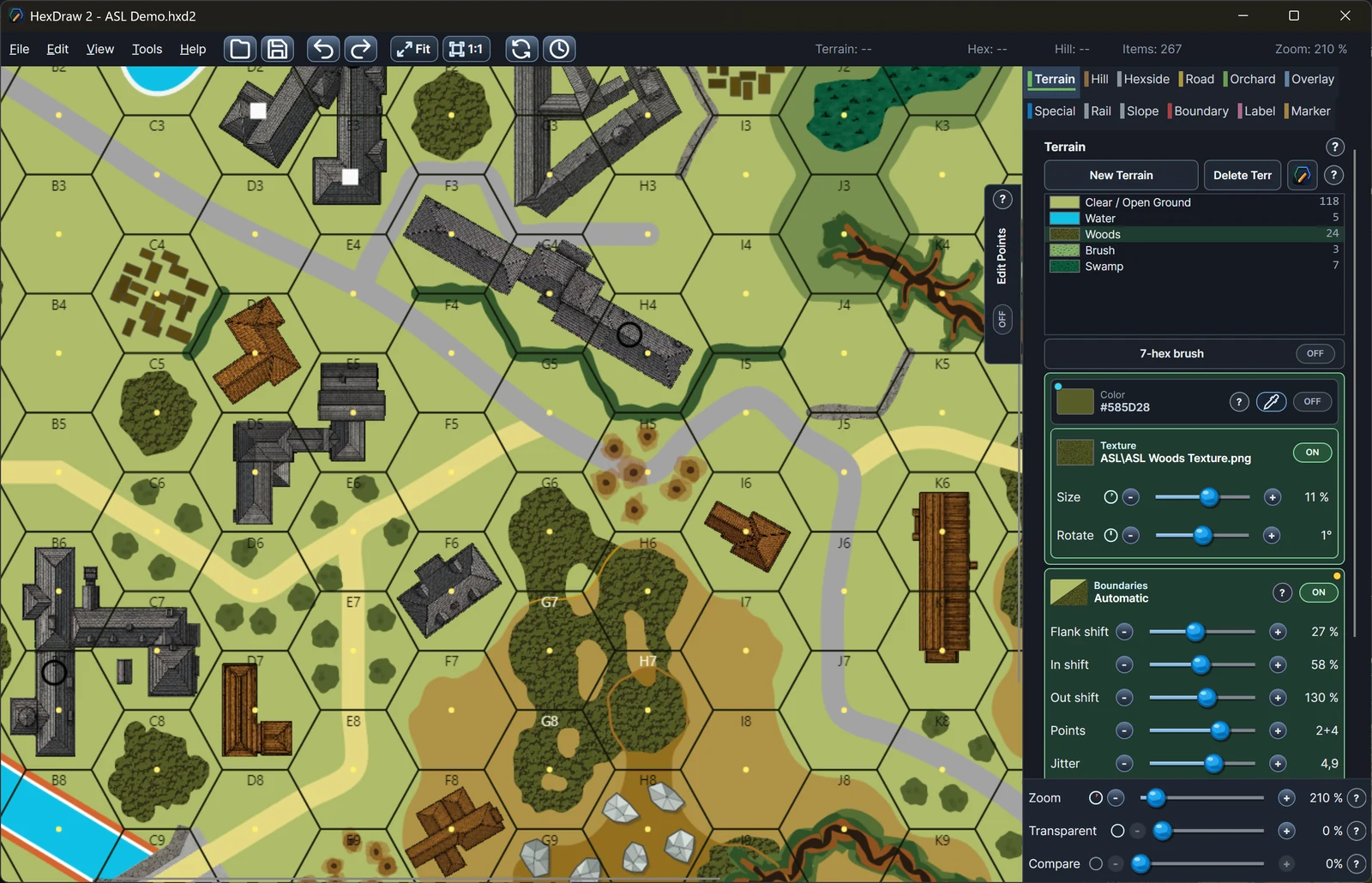 HexDraw 2 showing an original ASL-compatible tactical map