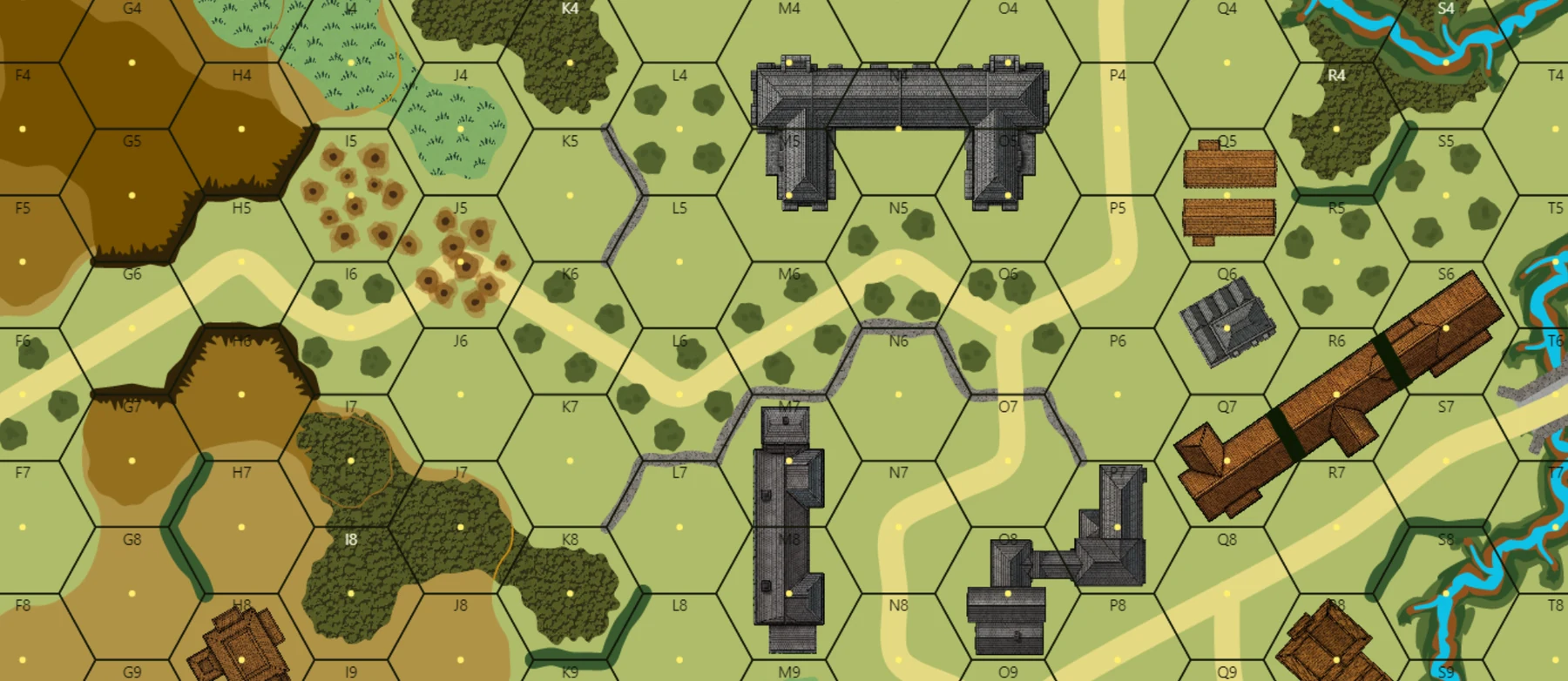 ASL-compatible HexDraw map detail with orchards, gullies, shellholes, wall, hedge, cliff, row-house hexsides, and varied buildings