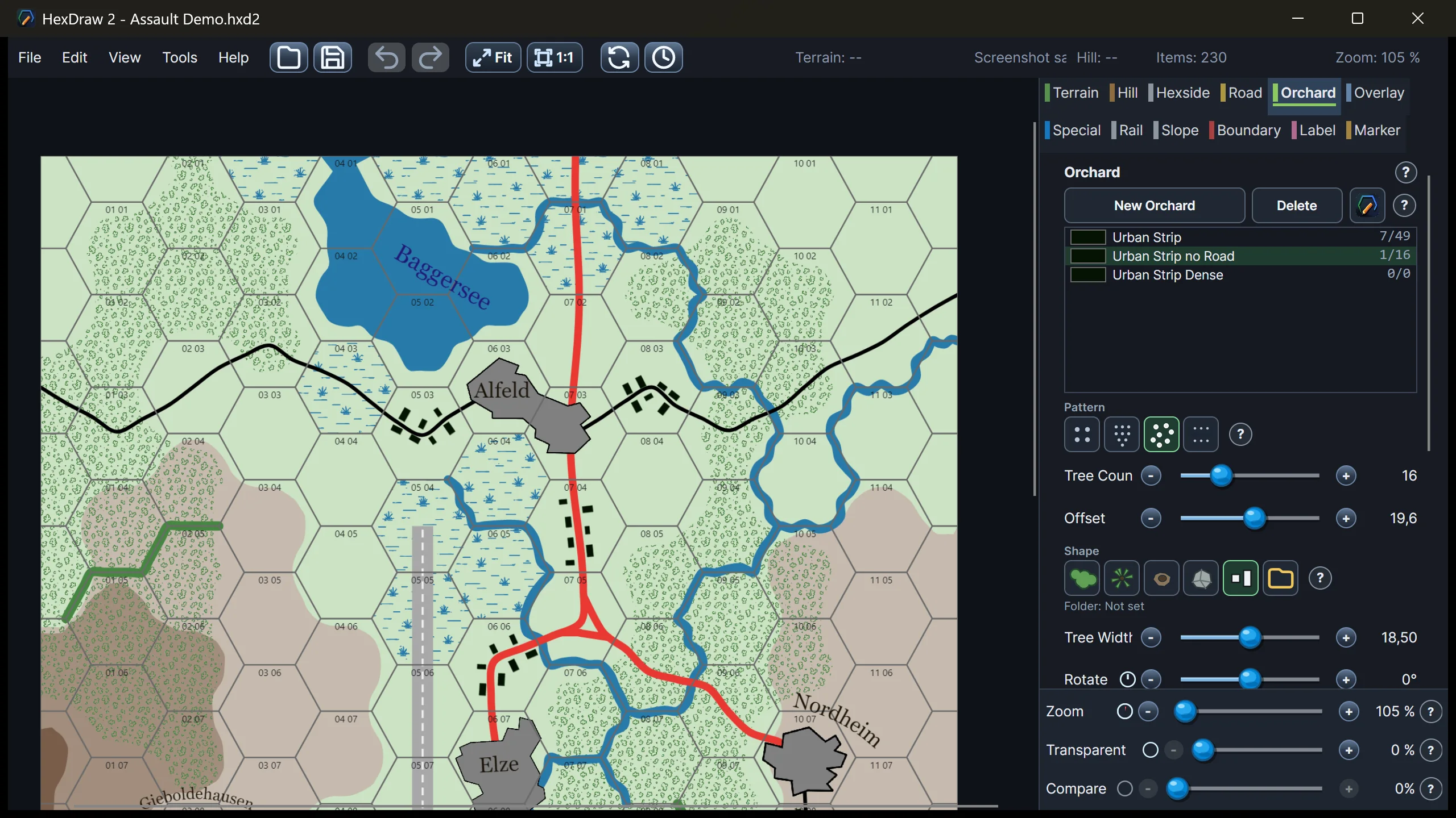 HexDraw 2 Urban Strip controls placing modern tactical buildings along a curved Assault-format road while keeping the roadway clear