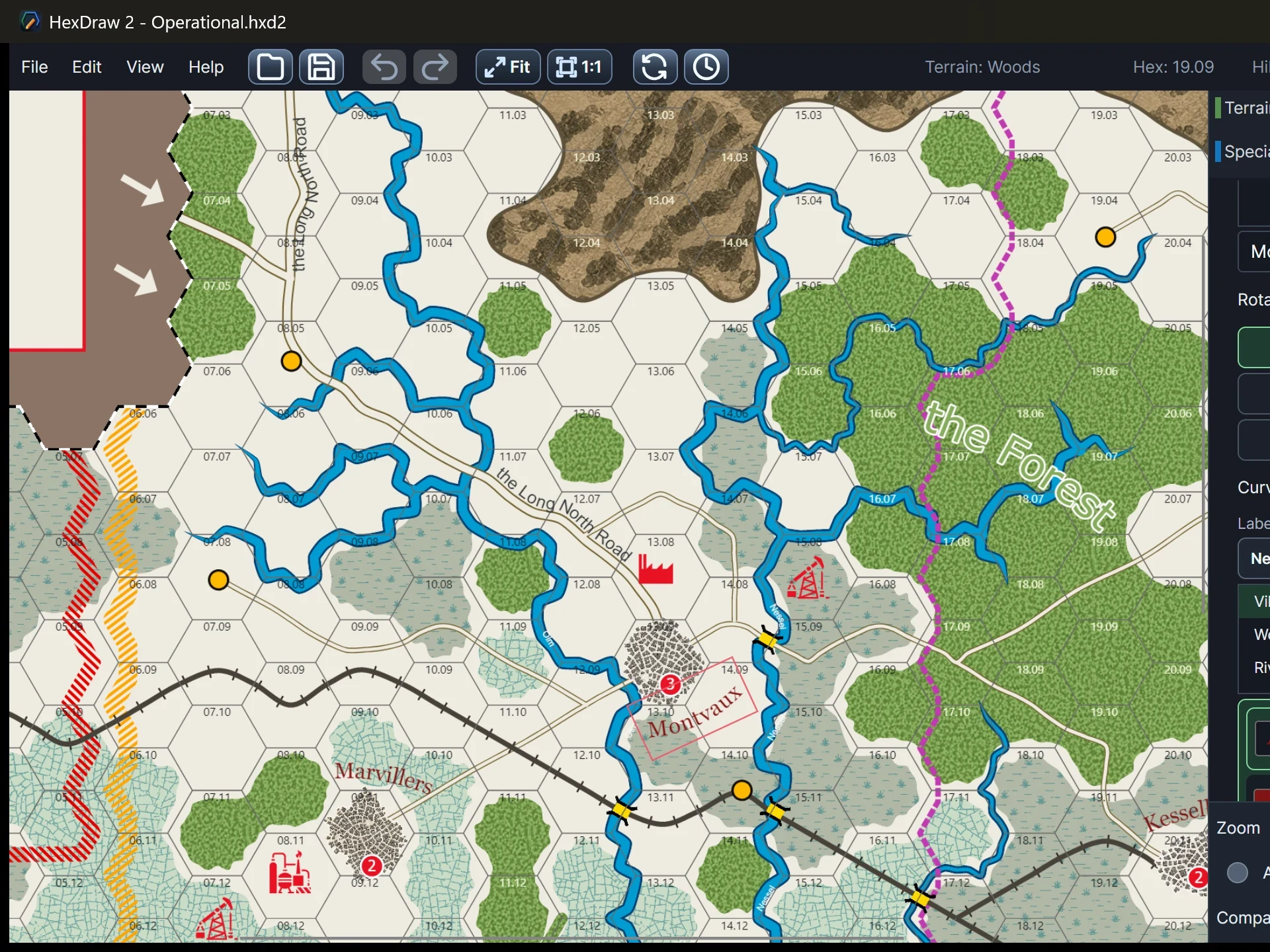 HexDraw 2 operational map detail showing roads, railways, rivers, towns, markers, boundaries, and editable labels