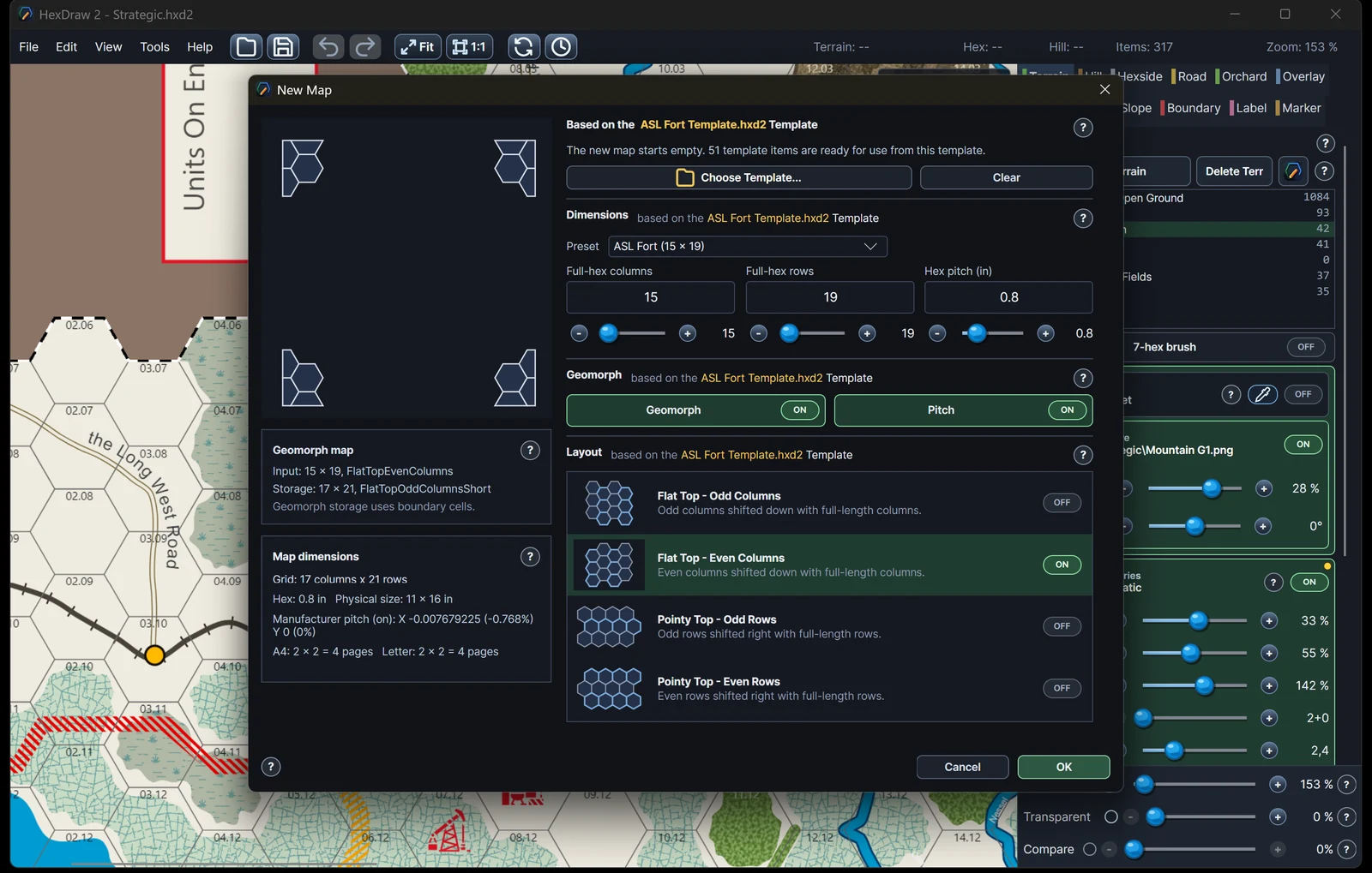 HexDraw 2 New Map dialog for choosing a template or custom hex format
