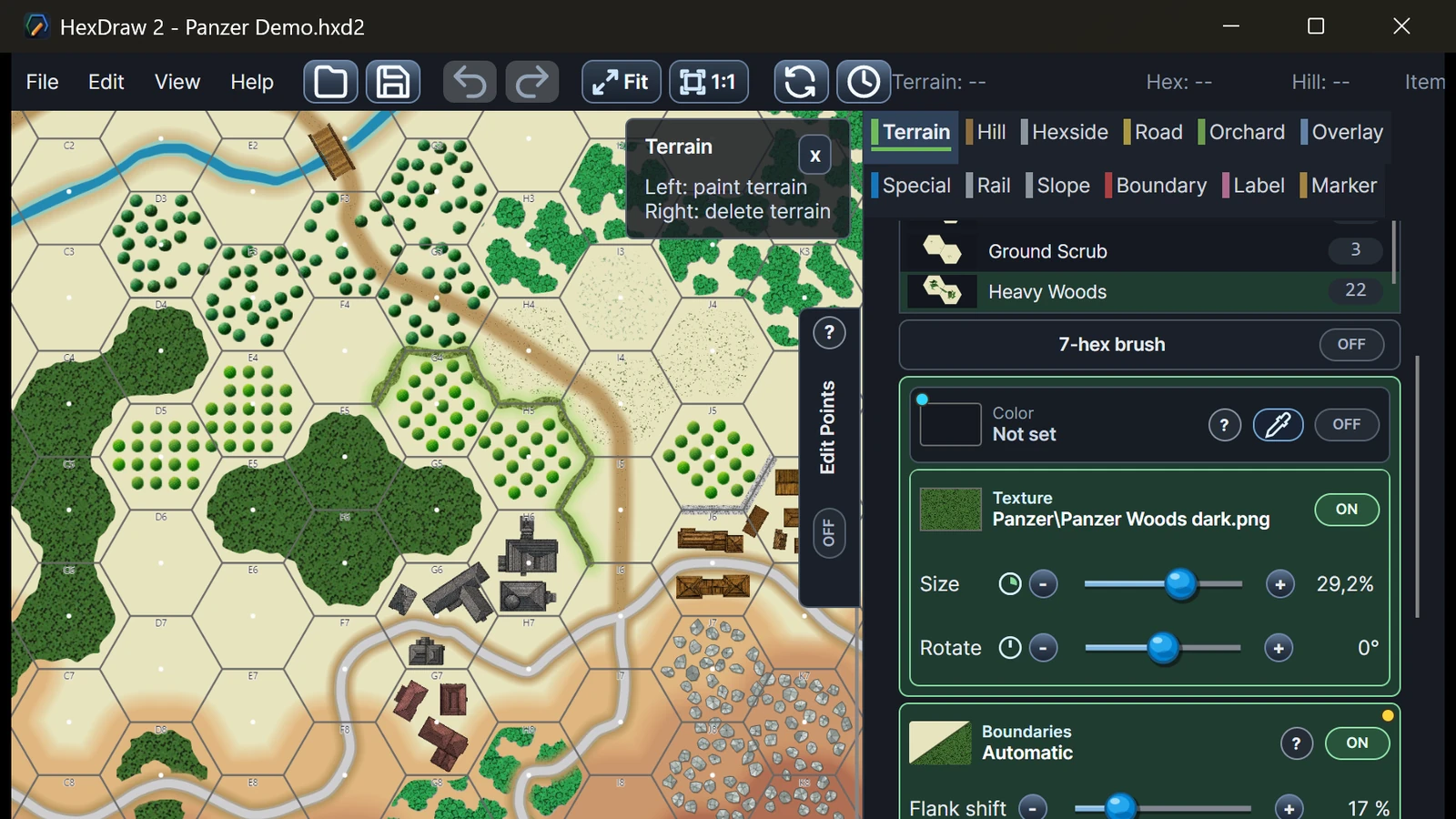 Original Panzer-series-compatible tactical map being edited in HexDraw 2